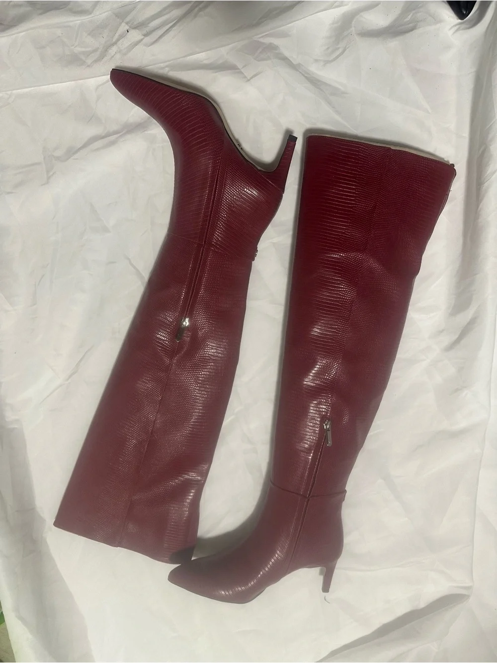 Sam Edelman Ursula Rhubarb Red Over-the-Knee lizard Textured Leather Boots